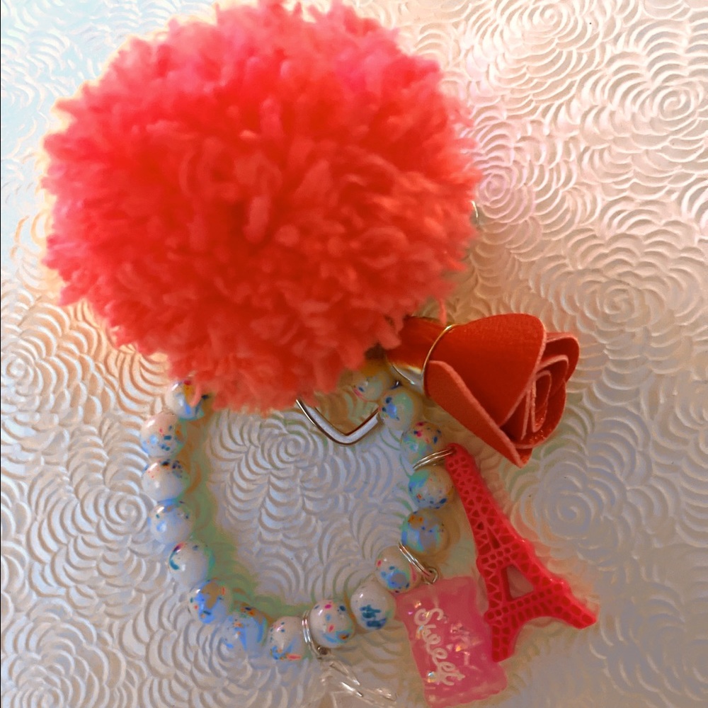 Hot pink handmade pompom beaded keychain